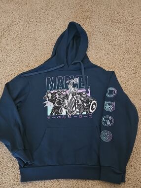 Marvel Dark Teal Crewneck Hoodie with Pastel Hero Graphic